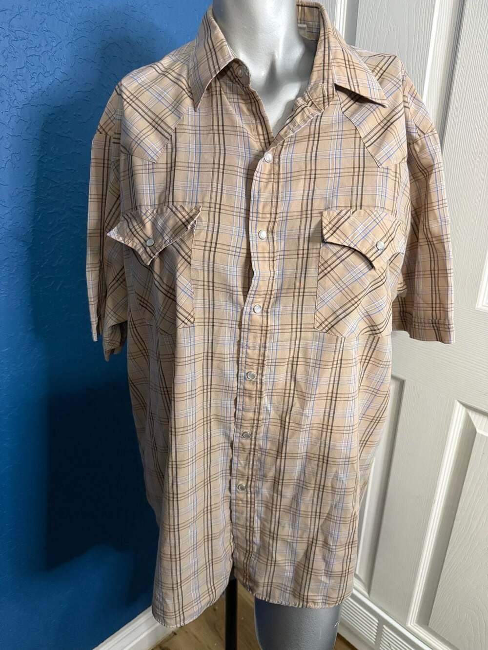 Plains Western Wear Men's Brown Plaid Short Sleeve Pearl Snap Shirt Size L